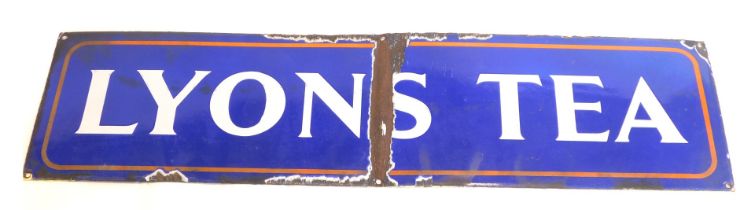 An original Lyon's Tea enamel sign, with white lettering, on a blue ground within orange border, 69c