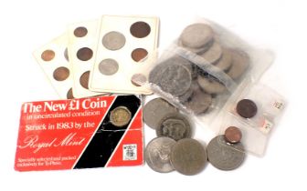 A quantity of commemorative crowns, a Typhoo Tea one pound coin, Victoria 1844 halfpenny, and a quar