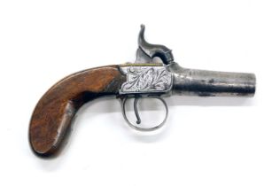 A 19thC percussion boxlock pistol by Degg of London, with walnut stock, inset, the lock plates engra
