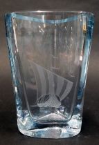 A Scandinavian art glass triangular vase, engraved with a Viking ship, seagulls, etc., indistinctly