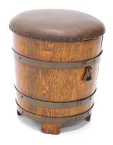 An oak and brass coopered coal bucket, with brown leatherette padded seat, label for Imperial Bristo