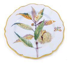 A 19thC Porquier Beau Faience botanical plate, decorated with a chestnut and insects, 23.5cm diamete