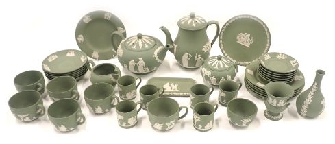 A large quantity of Wedgwood green Jasperware, to include teapot, coffee pot, cups, saucers, etc.