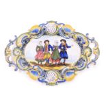 A 19thC Formaintraux Courquin two handled Faience plate of plaque, decorated with four figures withi