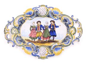 A 19thC Formaintraux Courquin two handled Faience plate of plaque, decorated with four figures withi