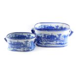 A late Oriental porcelain two handled foot bath, printed in blue, 43cm wide, and another similar, 34
