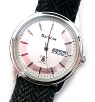 A Barbour gentleman's wristwatch, with a silvered finish dial, with day and date aperture, in a stai