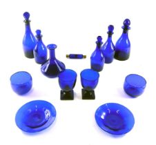 Various Bristol Blue decanters and stoppers, finger bowls, a pair of rummers, double ended scent bot