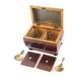A Victorian rosewood and boxwood strung sarcophagus shaped tea caddy, the hinged lid enclosing two l