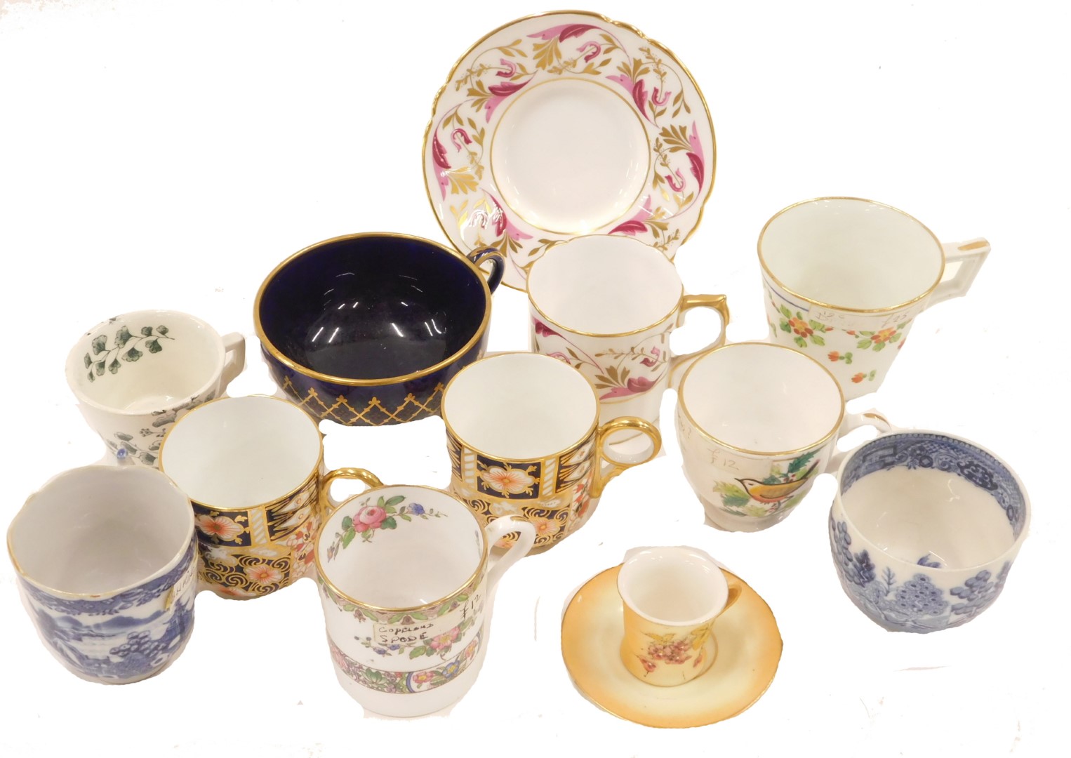 A group of 19thC and later ceramics, comprising a blush ivory style miniature cup and saucer, a Wedg