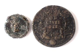Two ancient coins, to include a Roman coin relating to Pertinax, 193AD, and another. (2)