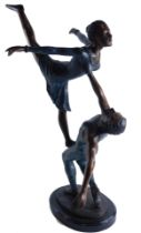 A modern blue and brown patinated bronze figure, of two ballet dancers, on oval base, 64cm high.