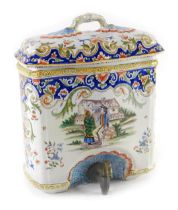 A late 19thC Fourmaintraux Frere Faience water fountain and cover, decorated with figures beside a b