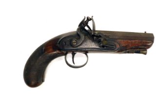 An early 18thC flintlock pistol by Wood, with octagonal barrel, with fore-sight, with ram rod, chequ