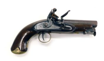 An early 19thC Irish 16-bore flintlock pistol by Rigby, with swivel ram rod, brass trigger guard and