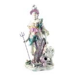 A continental porcelain figure of Britannia in Derby style, standing beside a lion, carrying a