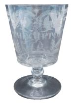 A large 19thC oversized rummer, engraved with grapes, vines, flowers, etc., ES The Gift of JB, 24cm
