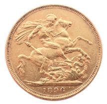 A Victorian full gold sovereign dated 1896.