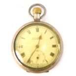 A H Samuel of Manchester silver pocket watch, the white enamel dial with Roman numeric border, secon