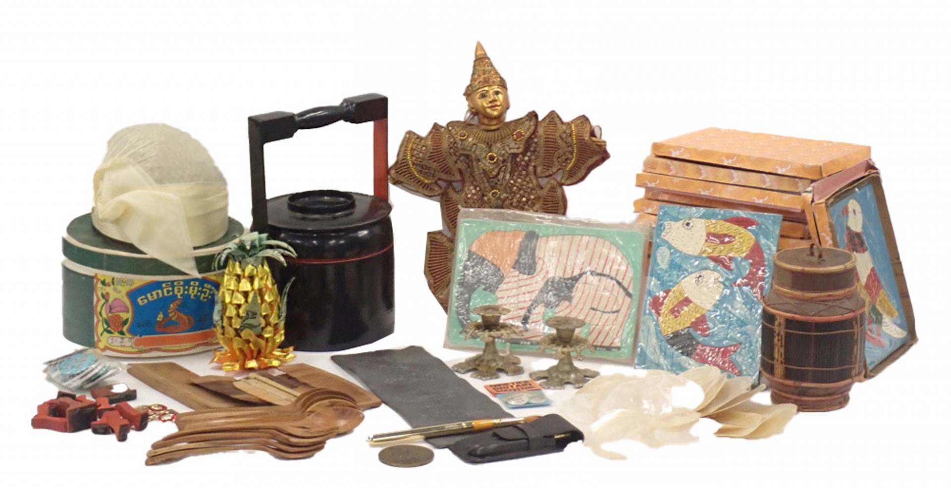 Miscellaneous Asian and other items, to include a Thai doll, lacquer food container, candlesticks, s