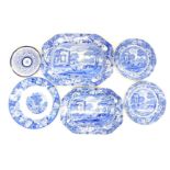 A quantity of blue printed pottery, to include Copeland Spode Italian plates, two meat dishes, etc.