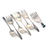 A set of six Prelude serving forks, each stamped International Sterling, with floral topped end, bea