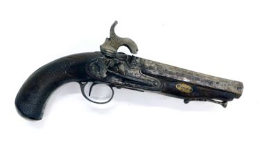 A 19thC bolt pistol, with inlaid octagonal barrel, now converted to a percussion action, with ram ro