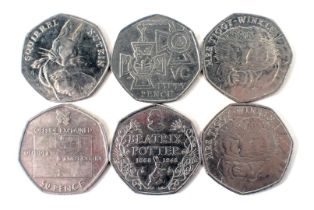 Six collectors fifty pence pieces, comprising The Offside Rule, two Mrs Tiggy Winkle, Squirrel Nutki