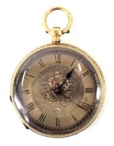 A yellow metal Continental fob watch, with a silvered floral Roman numeric dial, with central floral