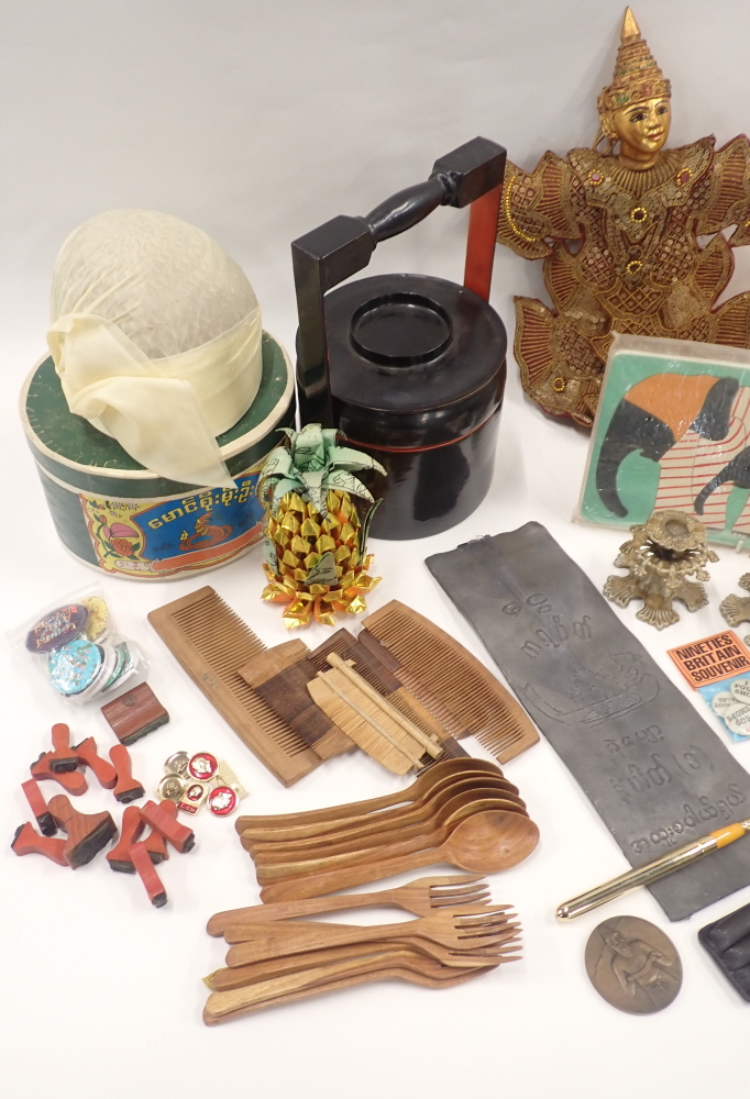 Miscellaneous Asian and other items, to include a Thai doll, lacquer food container, candlesticks, s - Image 2 of 3