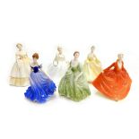 Six Coalport porcelain figurines, Lydia, Samantha, Sandra, Lyndsay, Jill, and Jennifer.