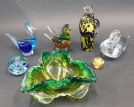A collection of art glass, to include a Murano style triangular bowl, a Swedish clear art glass duck