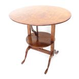 An unusual continental burr elm veneered two tier table, the circular tilt top on plain supports, wi