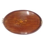 An Edwardian mahogany and marquetry oval galleried tray, with two brass handles, 31cm wide.