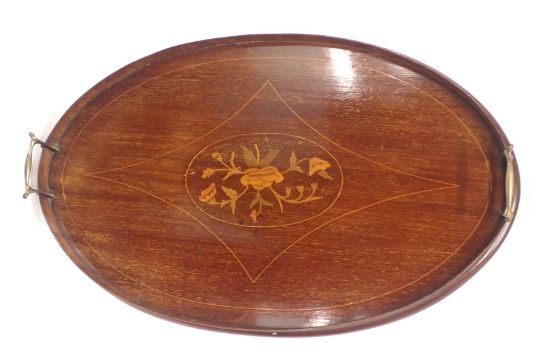 An Edwardian mahogany and marquetry oval galleried tray, with two brass handles, 31cm wide.