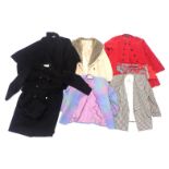 A quantity of ladies clothing, to include a ladies Jaeger black coat, a multicoloured checked jacket