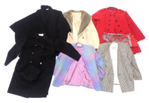 A quantity of ladies clothing, to include a ladies Jaeger black coat, a multicoloured checked jacket