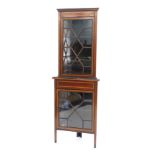 An Edwardian mahogany and satinwood cross banded standing corner cabinet, the top with a moulded cor