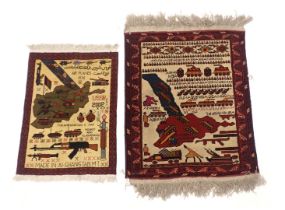 A late 20th/early 21stC Afghan rug, decorated with map of the country, armoured vehicles, guns, name