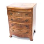 A walnut and figured walnut bow fronted chest, the quarter veneered top with a cross banded border a