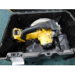 A DeWalt black plastic tool case and contents, to include a DeWalt DCS391 circular saw with addition