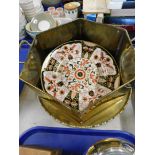 An octagonal brass coal basket, Masons Prince of Wales cabinet plate, and a brass charger. (3)