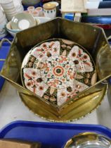 An octagonal brass coal basket, Masons Prince of Wales cabinet plate, and a brass charger. (3)