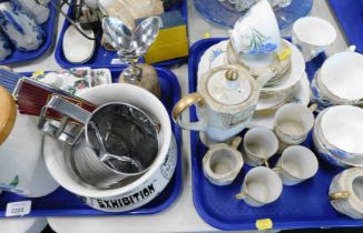 Three Portmeirion storage jars, and a butter dish, chamber pot, advertising wares, enamel bowls, etc