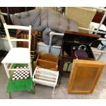 A beech collectors cabinet, mahogany supergrand gramophone, two table, pine magazine rack, white cha