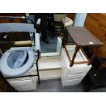 A white dressing table unit, oak stool, and commode chair. (3)