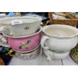 Four various chamber pots and two handled tureen.