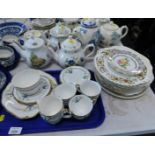 Part teawares, comprising teapots, Queen Anne pattern part service, dinner plates, etc. (1 tray and