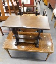 An oak side table, coffee table, three tier plant stand, a table, and a stool. (5)