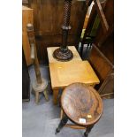 A beech side table, elm stool, plant stand, pine side table, wash dolly, and a medicine cabinet. (6)